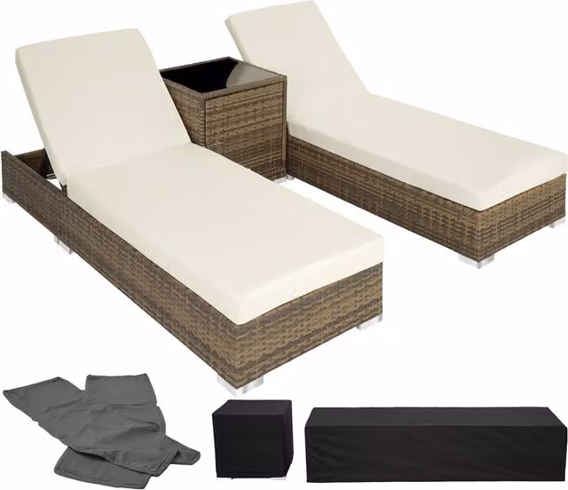 tectake 2 Piece Polyrattan Sunlounger Set with Table and Weatherproof Cushions in Beige and Grey