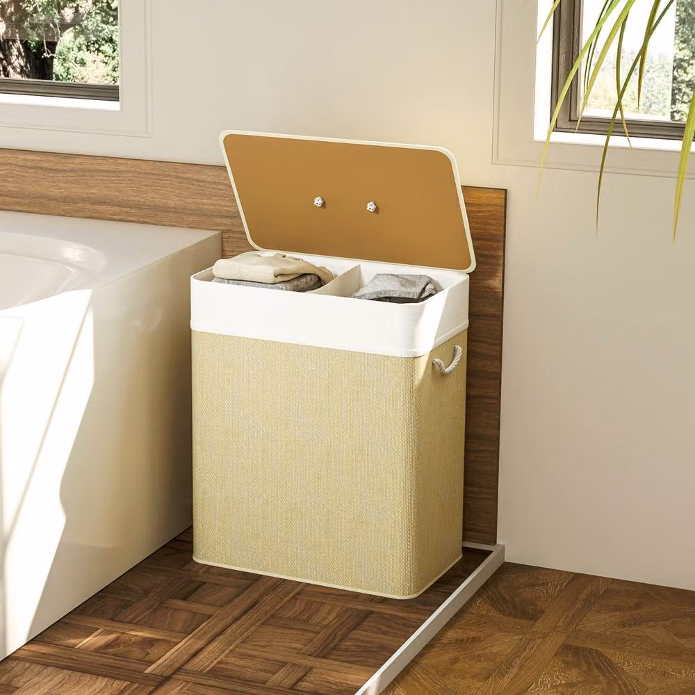 STILVORA Double Laundry Basket 100L with Lid and Removable Bags in Beige – 4