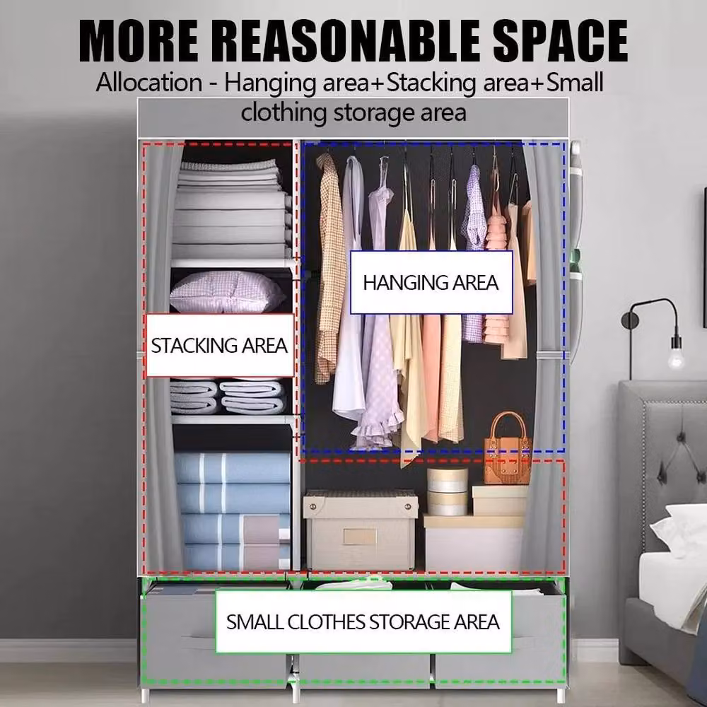 PAWNORA Grey Fabric Canvas Wardrobe with Integrated Drawer, W/D/H: 105 x 45 x 163 cm – 3