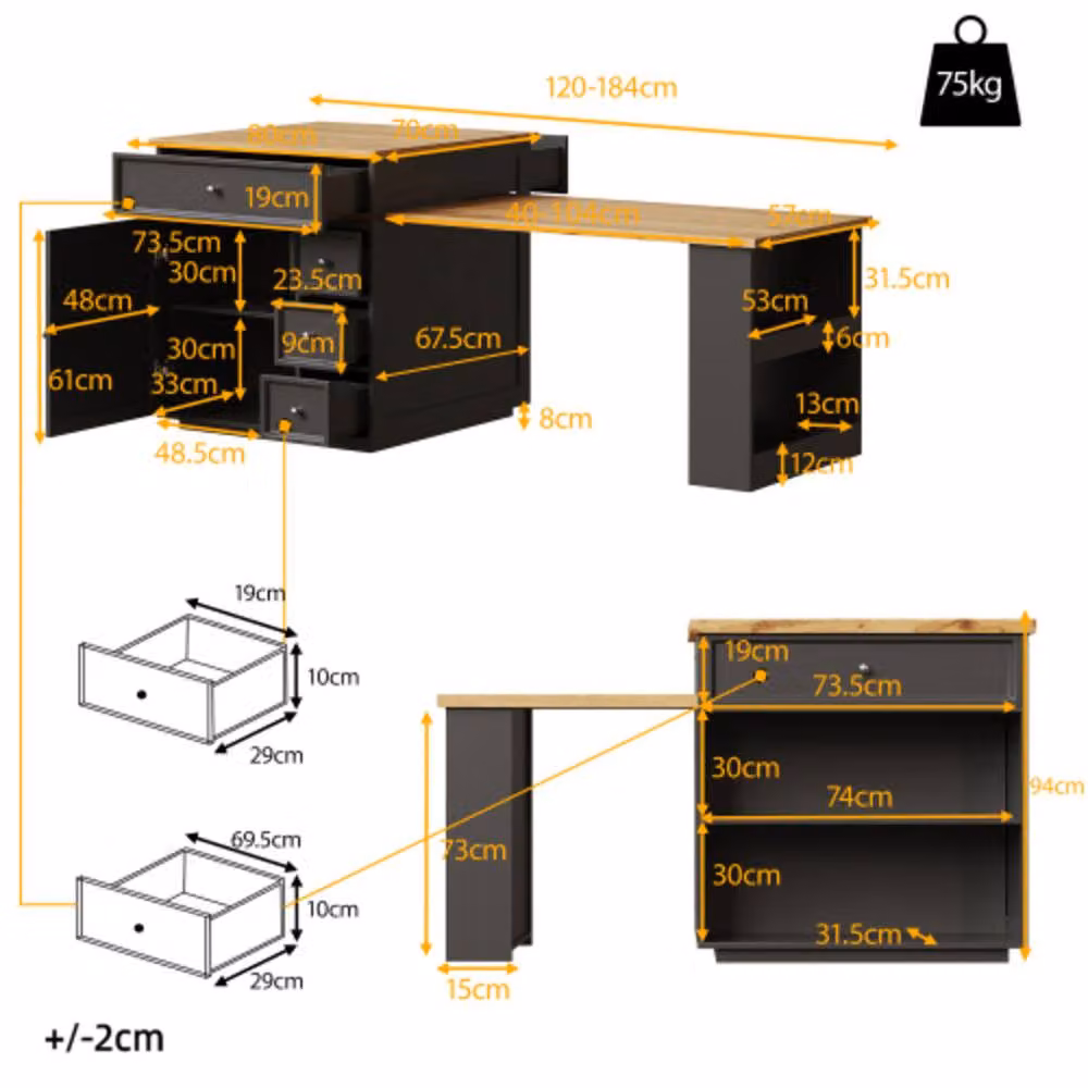BTM Extendable Kitchen Island Rolling Storage Cart with Drawers in Black – 5