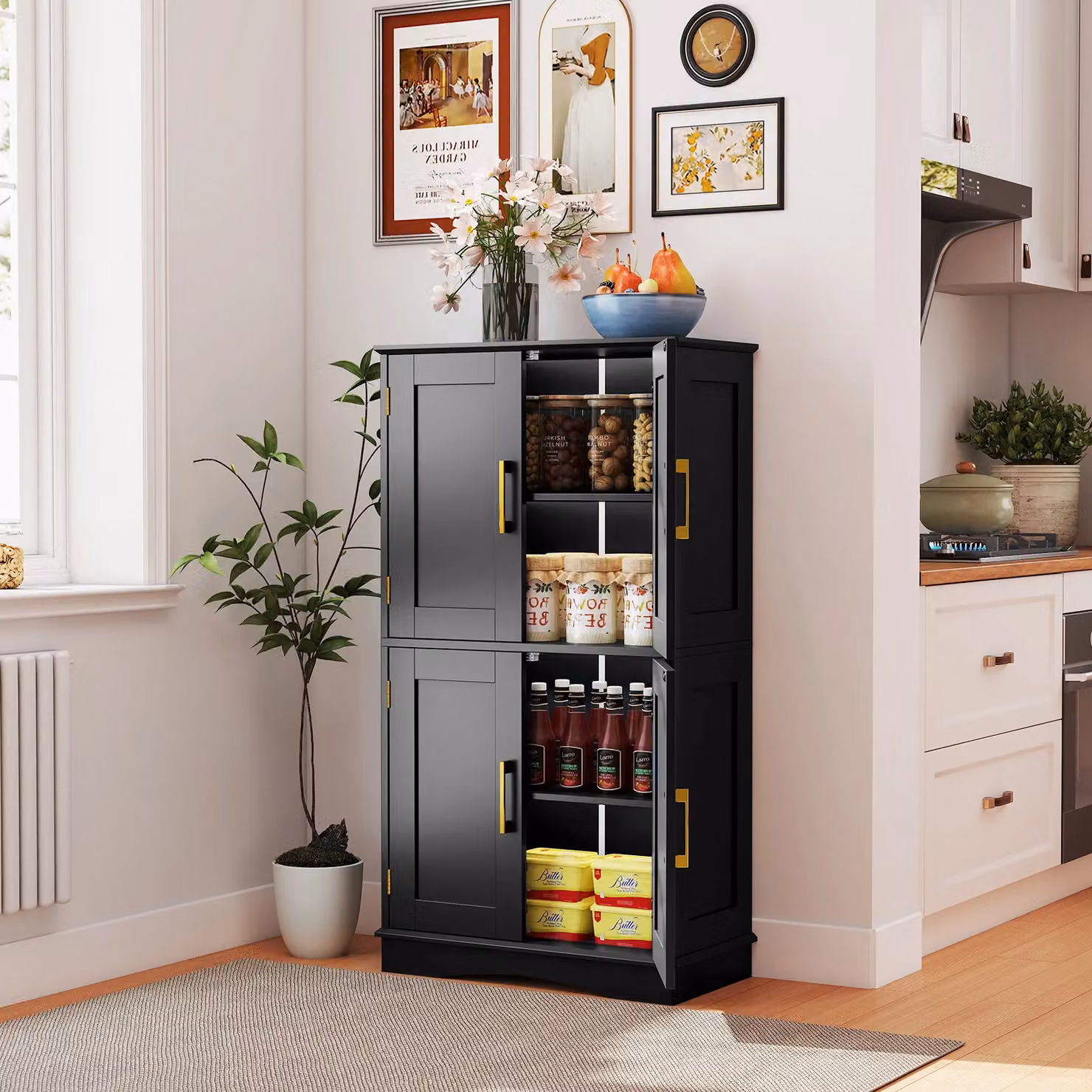 Costway Freestanding Bathroom and Kitchen Pantry Storage Cabinet in Black with Gold Details – 3