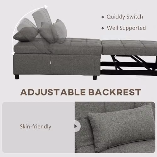 HOMCOM 4-in-1 Convertible Sofa Bed Sleeper Chair in Grey Fabric – 5