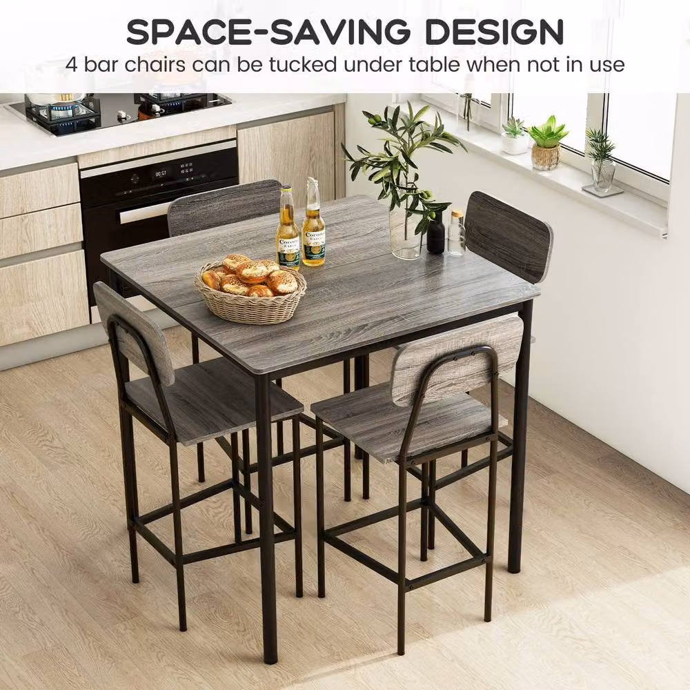 Gymax Industrial Dining Table Set with 4 Bar Stools in Grey – 4