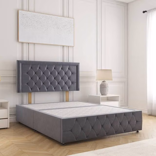 BSSPOKE Lena King Size Plush Velvet Divan Bed with 24 inch Headboard in Grey, W/D/H: 180 x 200 cm