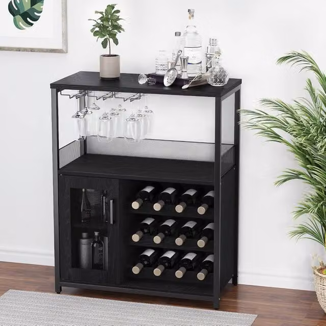 London Boutique 3-Tier Modern Wine Bar Cabinet and Sideboard with Glass Holder in Black – 1
