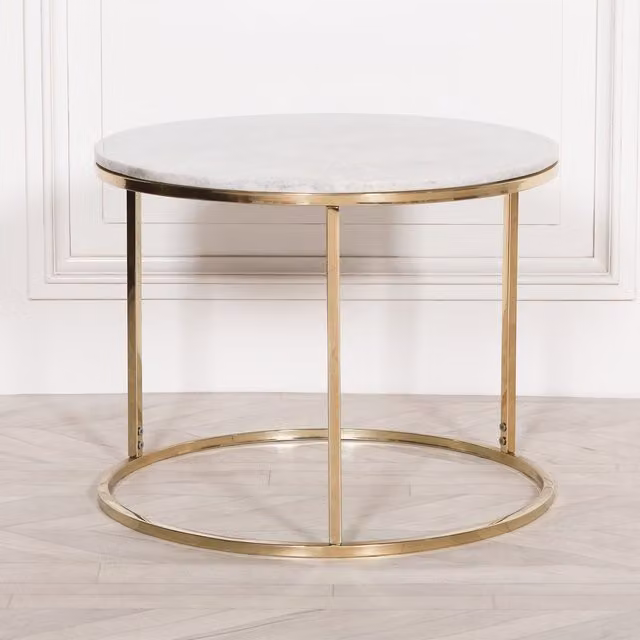 Glasstone Gold Metal Side Table with Round Marble Top, W/D/H: 60.5 x 60.5 x 47 cm