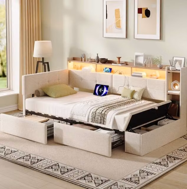 STILVORA Single Day Bed with Storage Drawers, USB Charging Port and LED Lighting in Beige, W/D/H: 90 x 190 x 91.44 cm – 1
