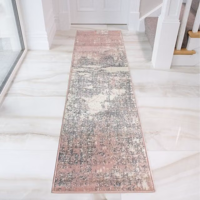 The Rug House Abstract Modern Living Room Rug in Pink and Grey, W: 240 cm, D: 60 cm