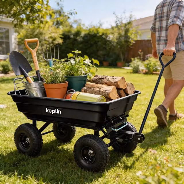 Keplin 75L Garden Cart with Pneumatic Tyres, 4 Wheel Trolley in Black – 1