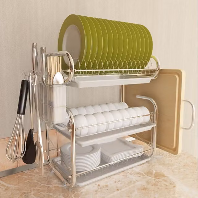 Livingandhome 3 Layer Dish Drainer Rack with Drip Tray in White Coated Steel and Stainless Steel