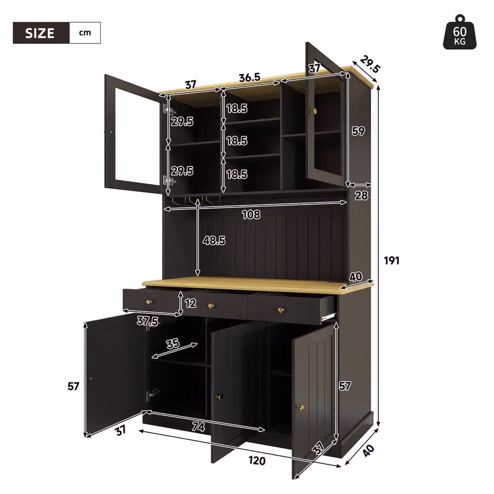 ModernLuxe Tall Kitchen Cabinet in Black with Glass Doors, Drawers, Shelves and Wine Glass Holder, H 191 x W 40 x D 40 cm – 3