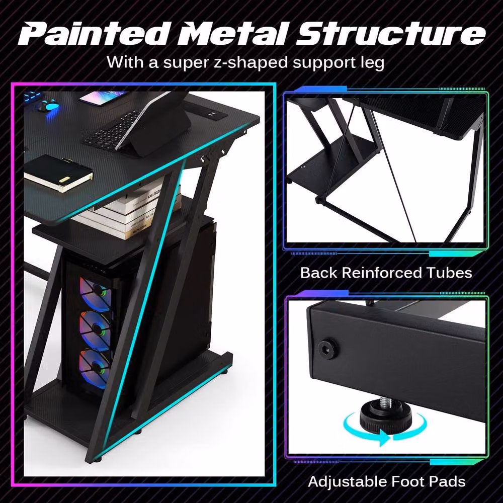 Costway L-Shaped Gaming Desk with Monitor Shelf and Outlets in Black – 5