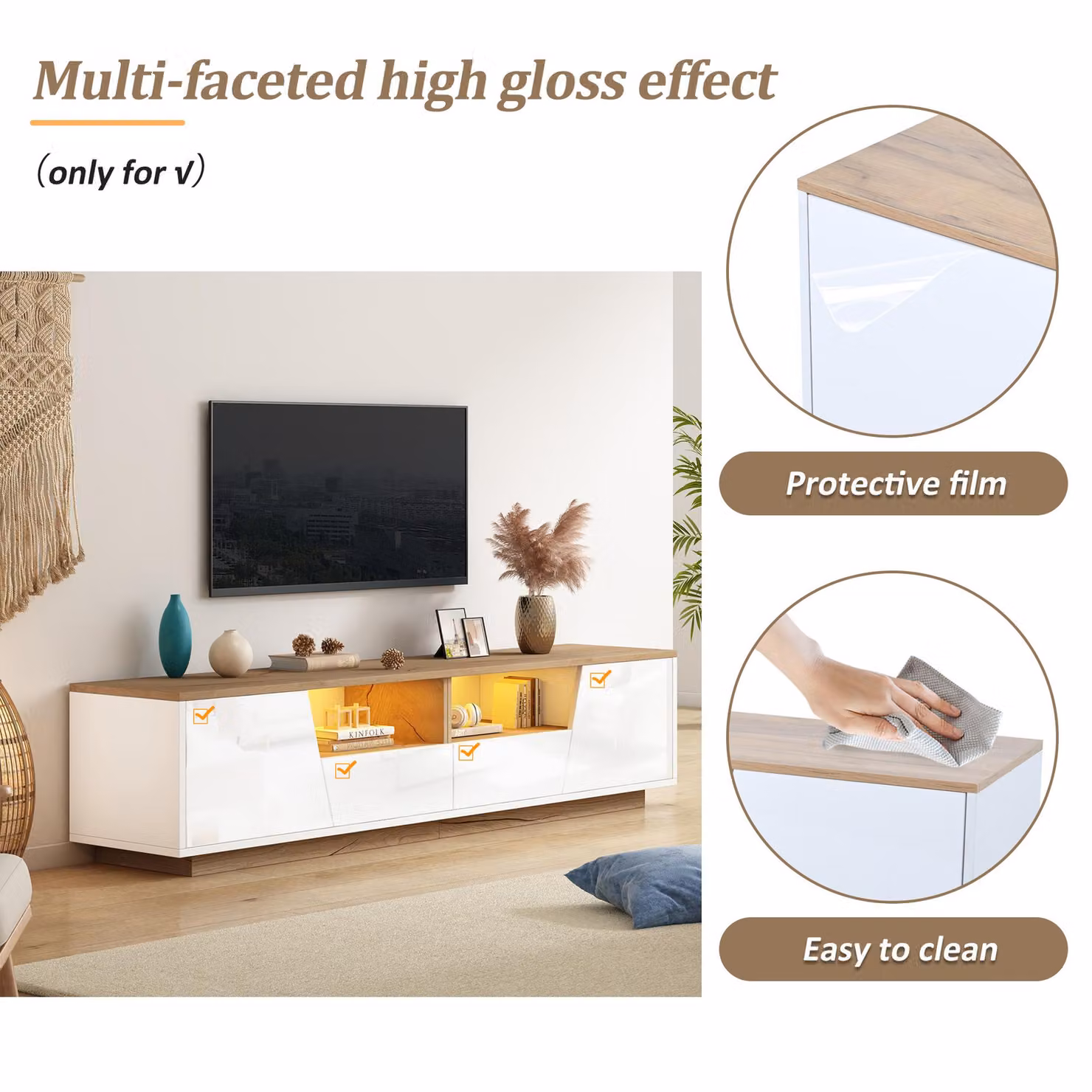 Aosom UK LED TV Stand with App-Controlled Ambient Lighting and Cable Management, White and Oak, W: 180 cm, D: 40 cm, H: 46 cm – 3
