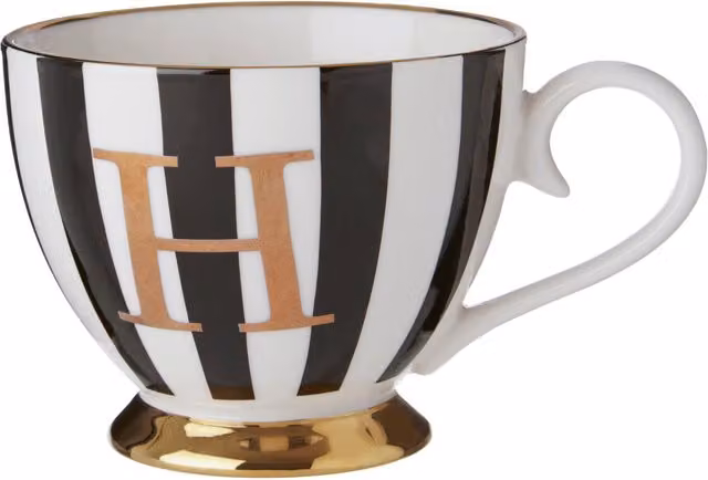 Orsina Duchess Striped Monogram Bone China Mug in Black, White and Gold