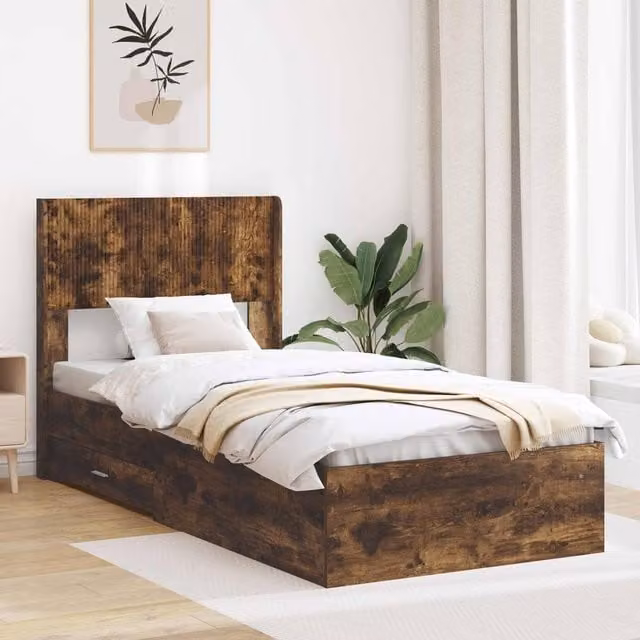 Berkfield Home Modern Bed Frame with Storage Drawers and Headboard in Smoked Oak Brown, 90 x 190 cm – 1