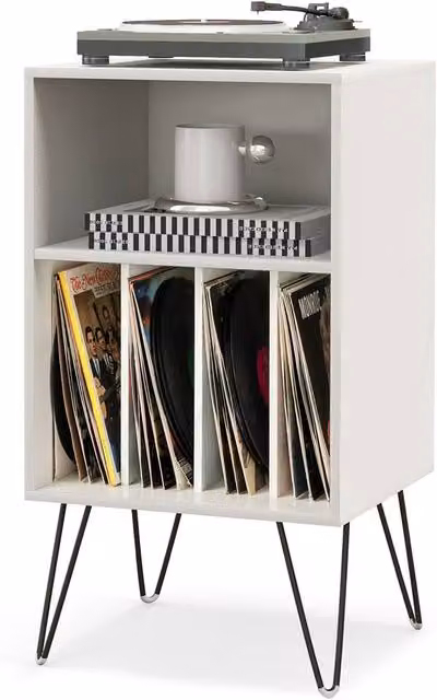 Gymax White Metal Turntable Display Shelf and Vinyl Record Player Stand with Media Compartments – 1