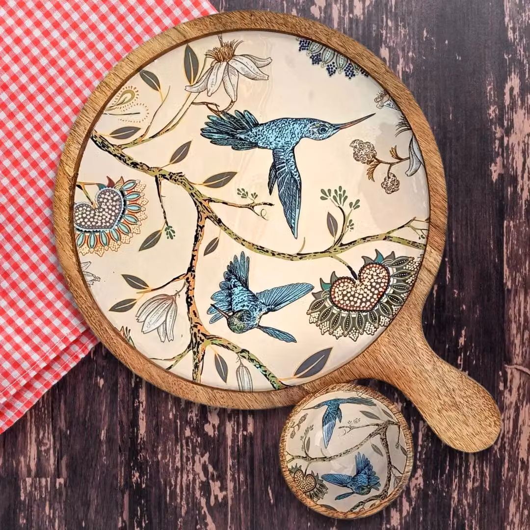 Hartsmede Handmade Mango Wood Serving Platter Tray with Bowl, Hummingbird Floral Enamel Pattern, Beige, White and Pink, Diameter: 30.48 cm – 5