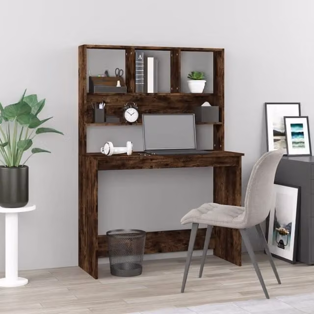 Berkfield Home Office Writing Desk with Shelves in Smoked Oak Brown, W/D/H: 102 x 45 x 148 cm