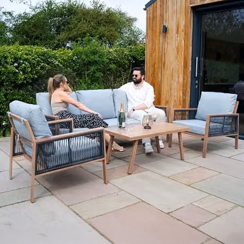 Monstershop 4 Piece Aluminium Garden Furniture Set in Grey with Wood Effect, including 3 Seater Sofa, 2 Armchairs, Coffee Table and Upholstered Cushions – 5