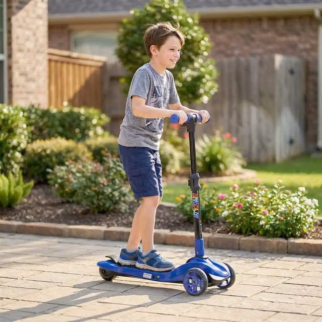 AIYAPLAY Foldable Kids Electric Scooter with Height Adjustable Handle and Brake, Blue