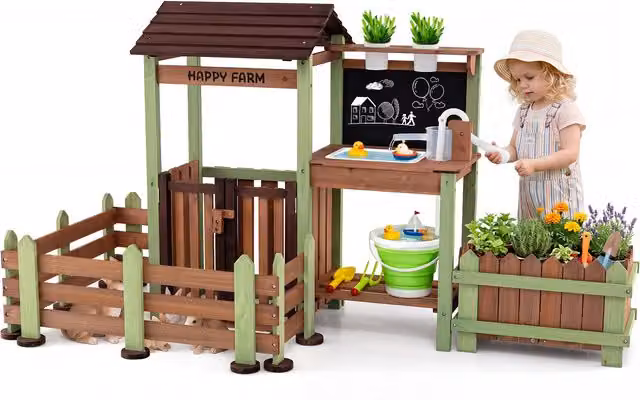 COSTWAY Wooden Outdoor Mud Farm Playset for Kids in Brown and Multicolour