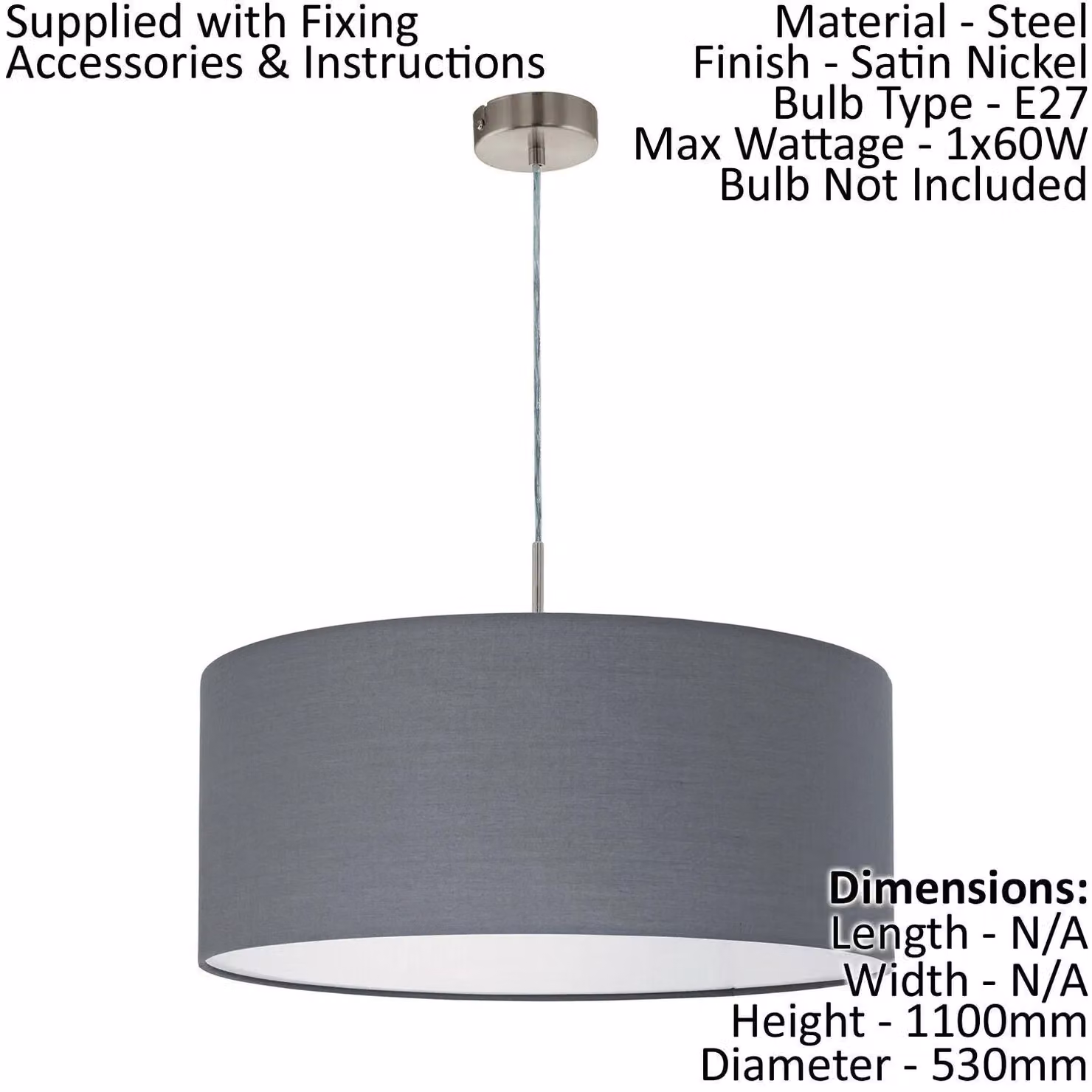 Loops Ceiling Pendant Light and 2x Matching Wall Lights with Grey Fabric Shades in Satin Nickel – 2