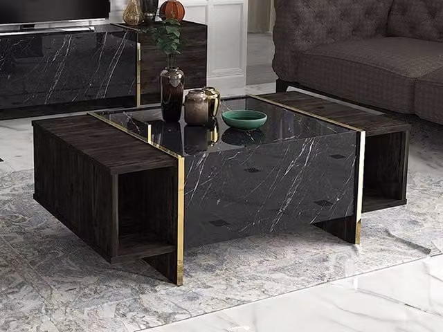 Vente-unique Modern Rectangular Coffee Table with 1 Door and 2 Compartments in Black Marble Effect, W/D/H: 103.8 x 60.0 x 37.3 cm – 1