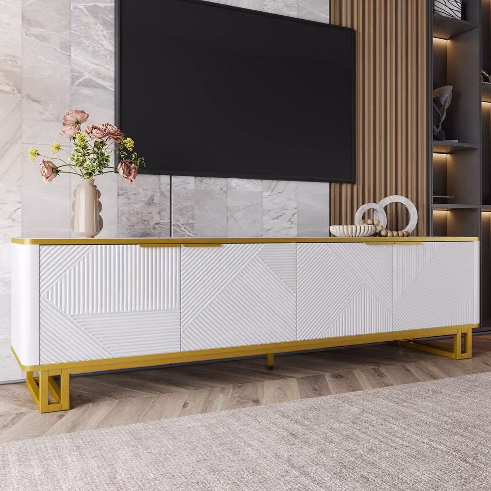 ModernLuxe White Matt TV Cabinet with 4 Doors and Geometric Texture – 3