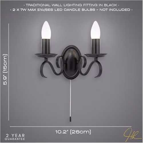 Happy Homewares Traditional Vintage Wall Light Fitting with Pull Chain and Black Metal Scroll Arms, W/D/H: 26 x 15 x 12 cm – 3