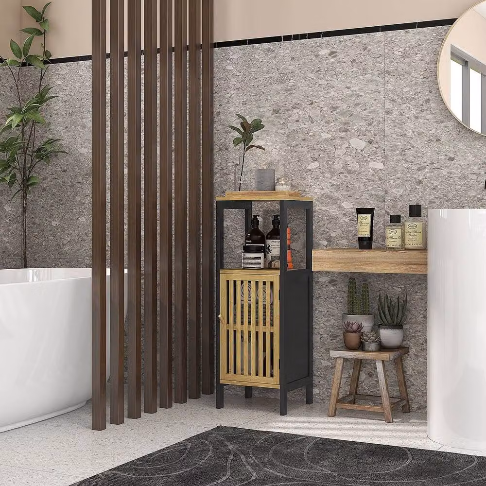 Wyld Haus Lettari Retro Bamboo Blend Bathroom Storage Cabinet, Black and Natural, H 90.5 x W 32.0 x D 30.0 cm – 3