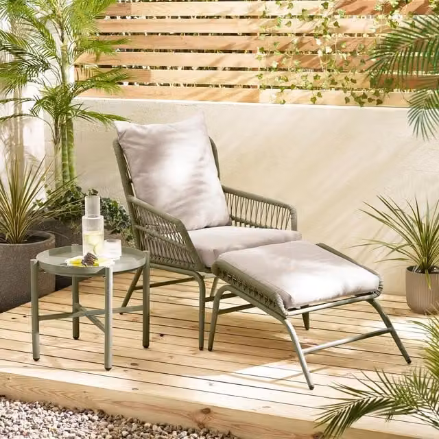 FurnitureboxUK Lyon Outdoor Chair, Footstool and Table Set in Green Metal and Rattan – 1