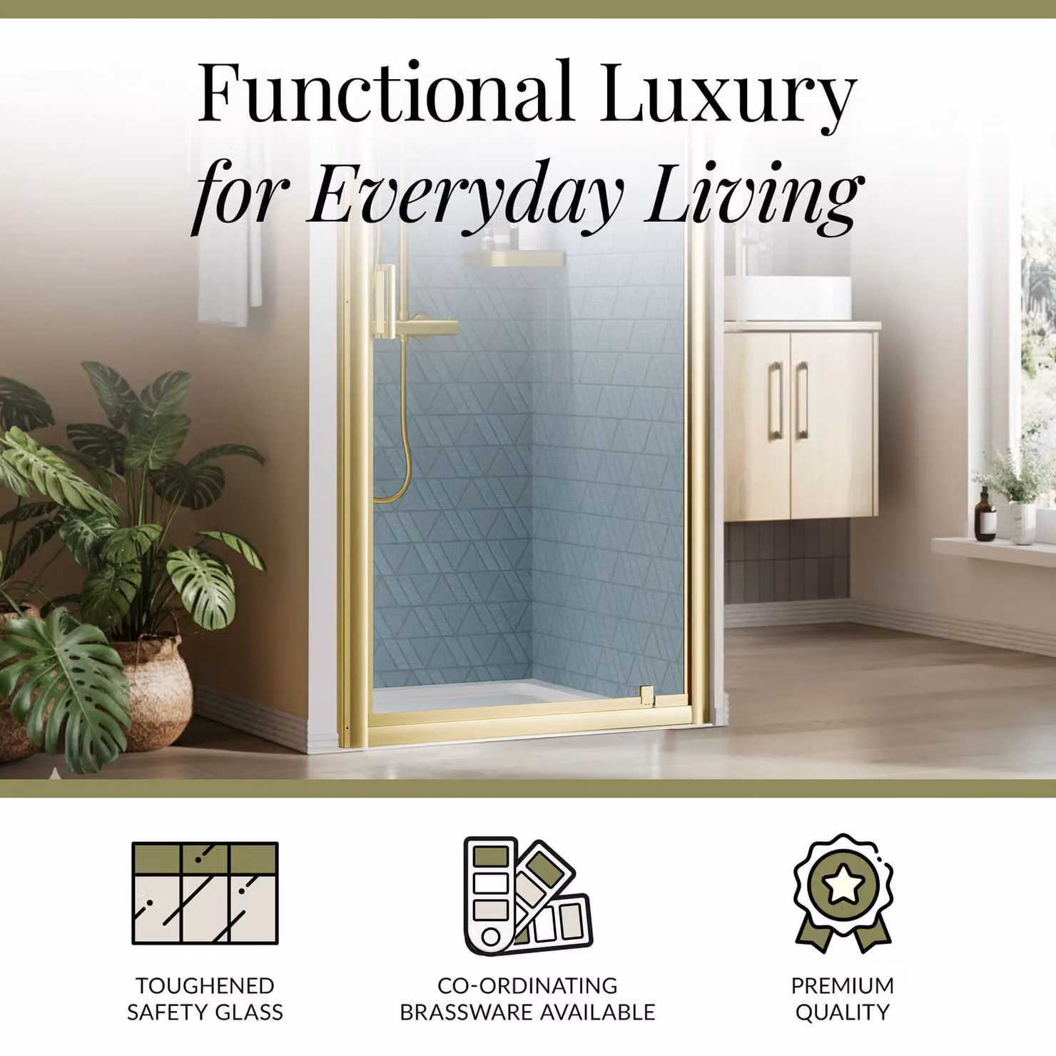 Balterley 6mm Glass Reversible Pivot Shower Door, Brushed Brass, W: 900 mm, H: 1900 mm – 3