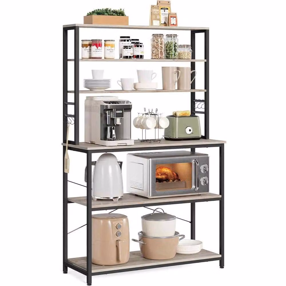The Bazaarist Kitchen Bakers Rack and Coffee Bar with 6 Adjustable Shelves and 6 Hooks in Grey and Black – 2