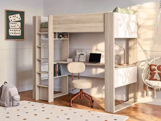 Vente-unique Loft Single Bed with Integrated Desk and Storage in Oak and White, W/D/H: 200 x 90 x 183 cm – 1
