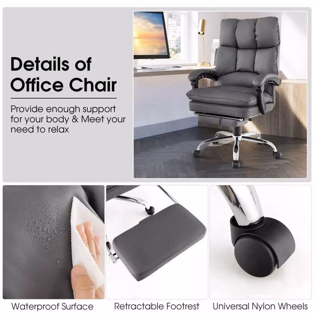 Costway Ergonomic Office Desk Chair in Grey with Retractable Footrest and Headrest – 4