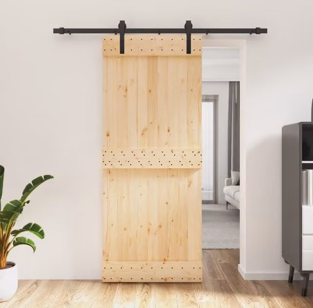 Berkfield Home Rustic Solid Wood Pine Sliding Door with Hardware Set in Brown, W: 85 cm, H: 210 cm – 1