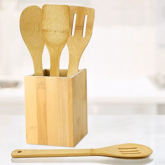 Joejis 4-Piece Bamboo Wooden Kitchen Utensil Set in Brown, Orange and Beige