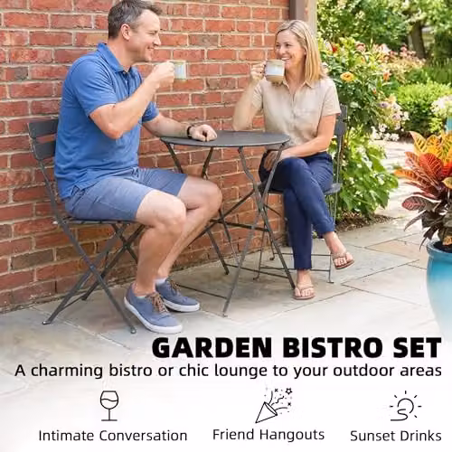 Outsunny 3 Piece Folding Bistro Set with Round Metal Garden Table and Chairs in Grey – 3