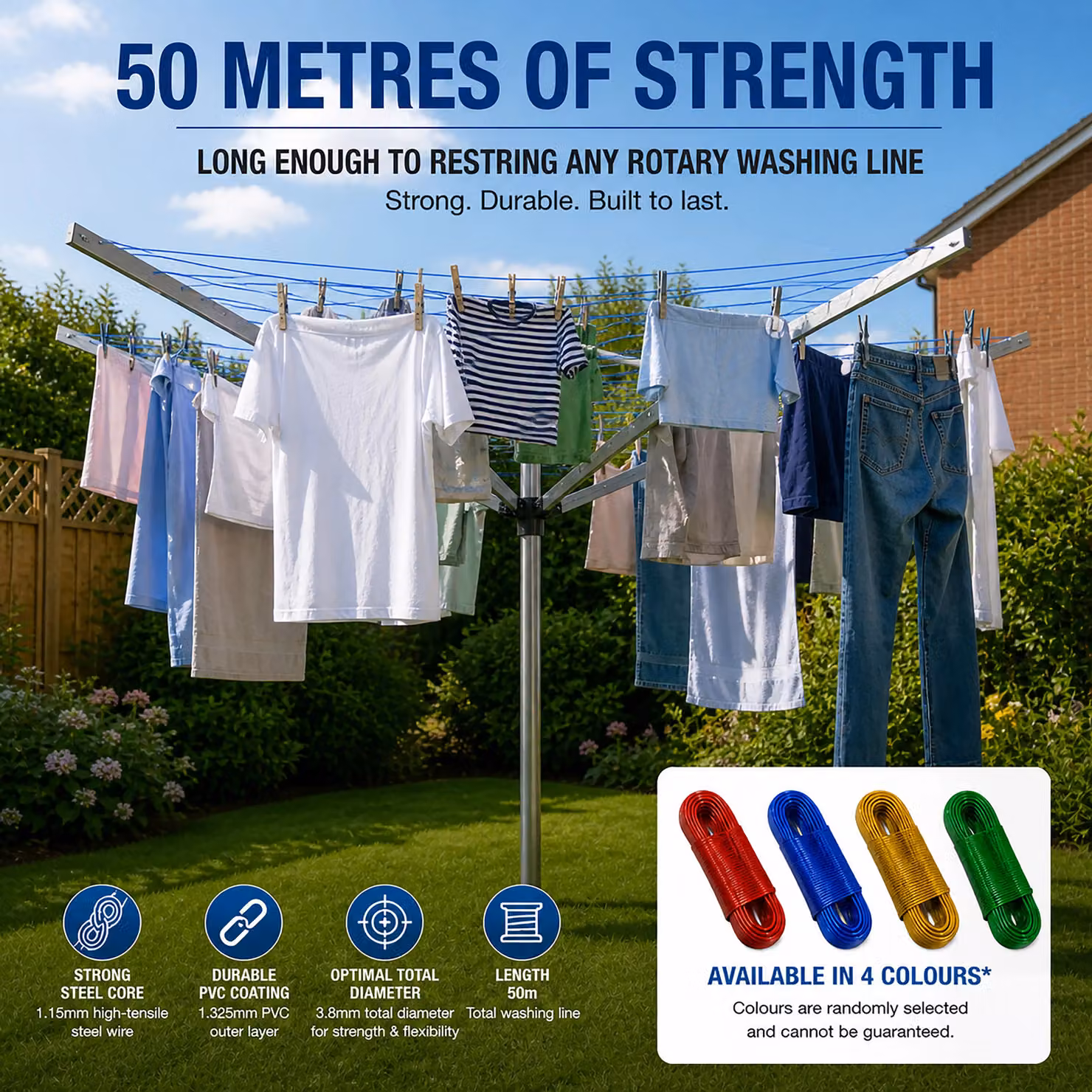 Simpa Multicolour PVC Coated Steel Core Washing Line, 50m – 4