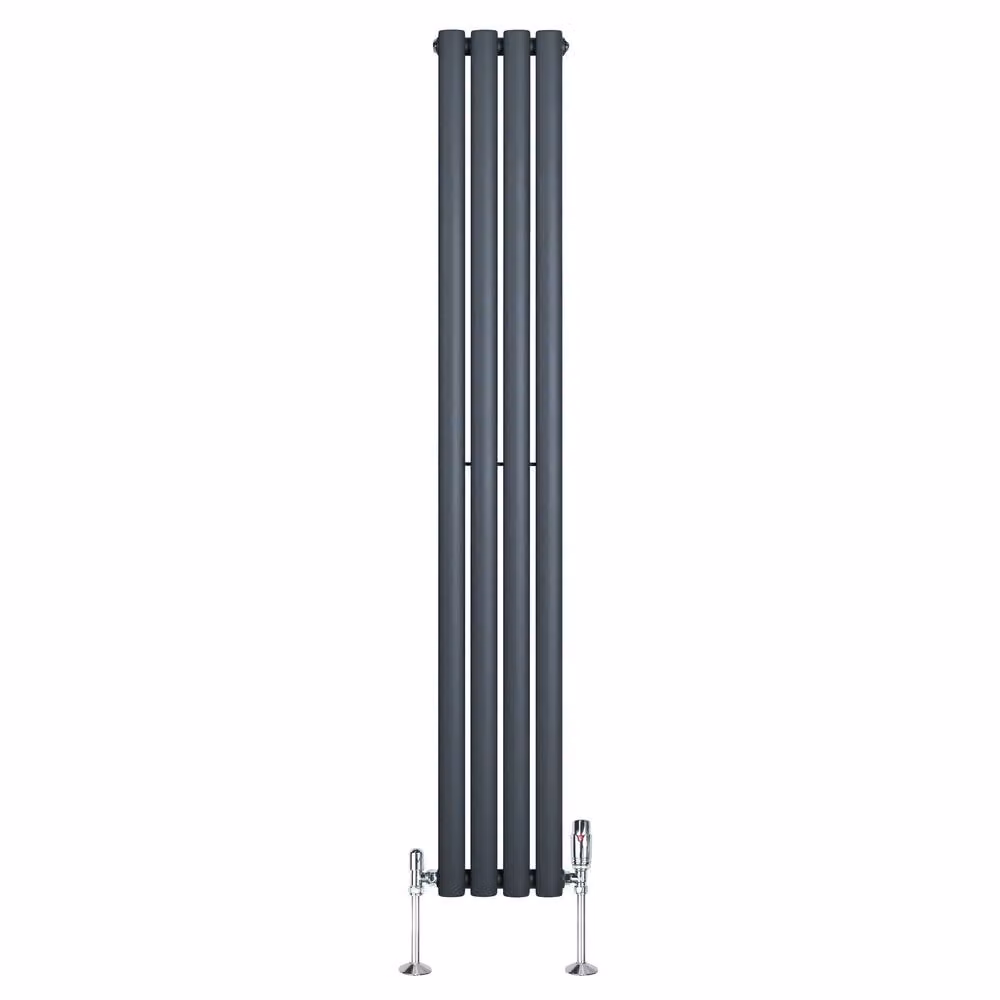 Monstershop Oval Single Column Steel Radiator and Thermostat Valves, Anthracite Grey, H: 160 cm, W: 24 cm – 2