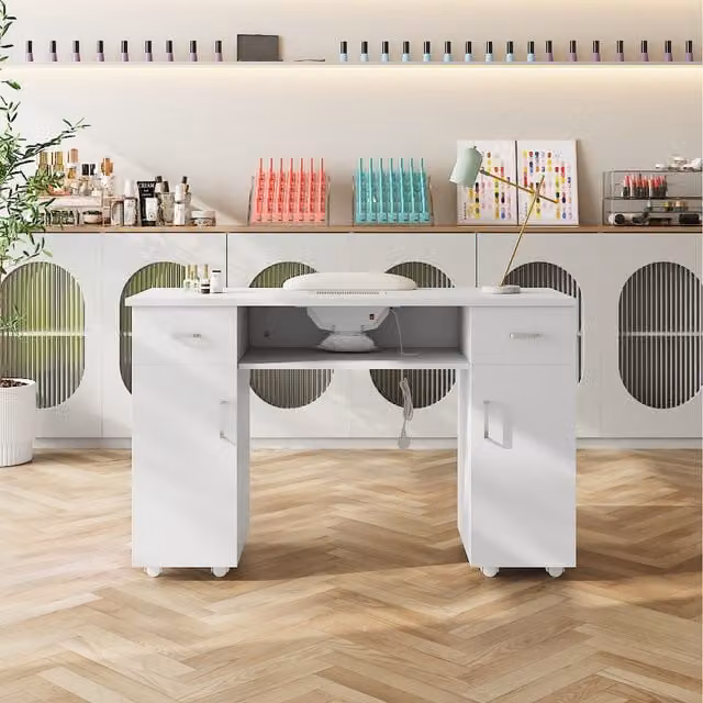 Livingandhome Wheeled Manicure Table with Dust Extractor in White
