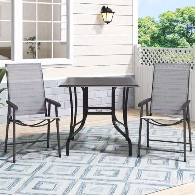 Komore Black Metal Garden Bistro Set with Square Table and 2 Folding Chairs
