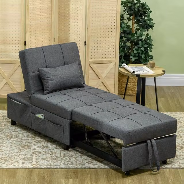 HOMCOM Grey Fabric Folding Sofa Bed with Adjustable Backrest and Solid Wood Frame