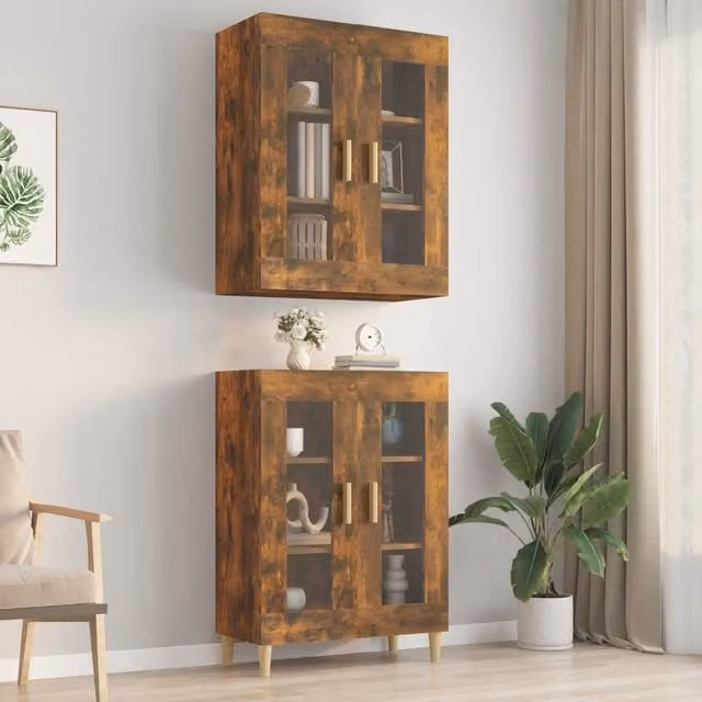 Berkfield Home Hanging Wall Cabinet in Smoked Oak Brown with Glass Doors, W/D/H: 69.5 x 34 x 90 cm – 1