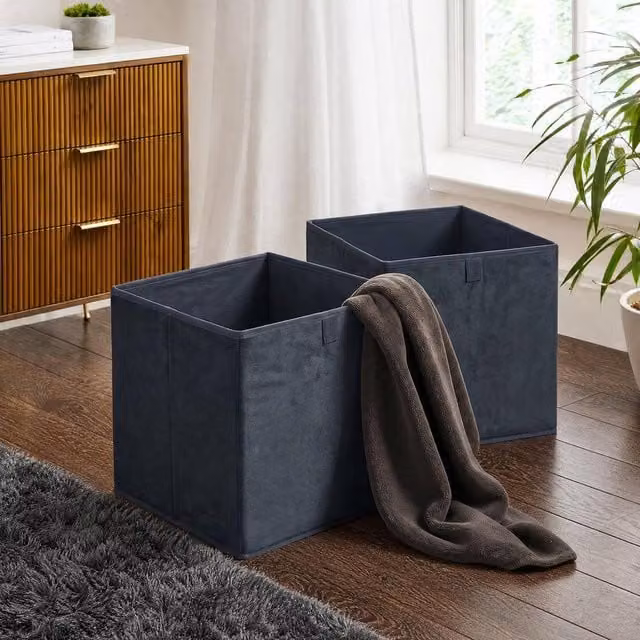 OHS 2 Pack Matte Velvet Cube Folding Storage Organisers in Navy Blue – 1