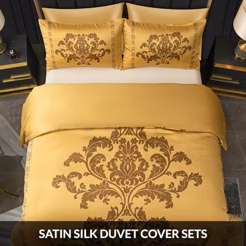 Lazzaro Gold Satin Silk King Size Duvet Cover Set with Reversible Damask Design and Zipper Closure, Pillowcases Included, W/D/H: 220 x 220 x 230 cm – 3