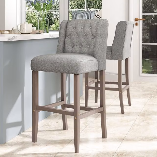 Komore Set of 2 Modern Linen Tufted Bar Stools in Grey