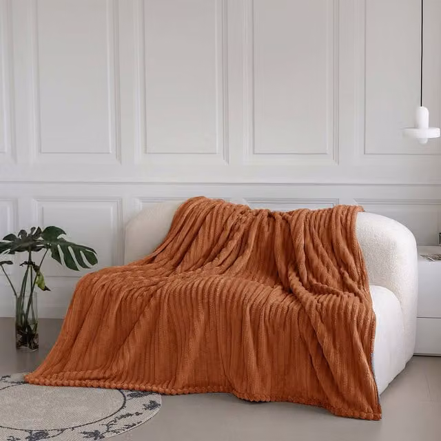 Velosso Orange Velvet Striped Throw Blanket, W: 200 cm, D: 240 cm