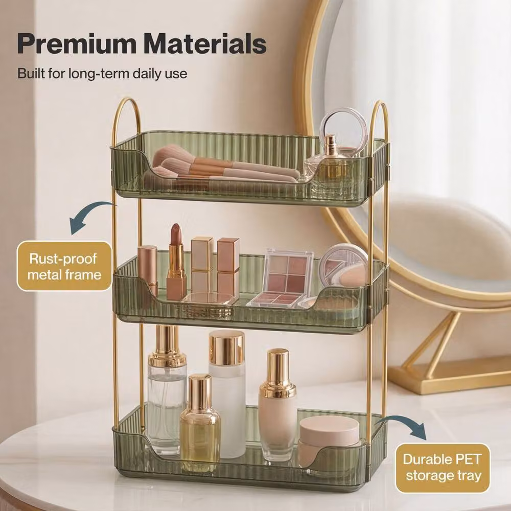 KORVIXA Rotating 3-Tier Rectangular Cosmetic Storage Box in Green and Gold – 2