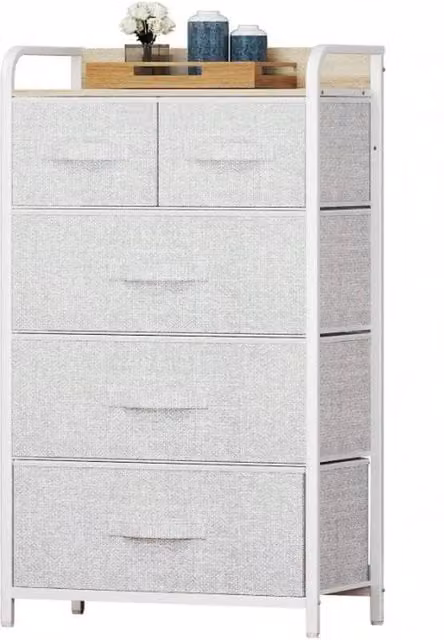 VOGREX Grey and White 5 Fabric Drawer Storage Chest with Steel Frame